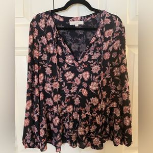 LOFT Navy Floral Tie Neck Peplum Blouse - Size Large